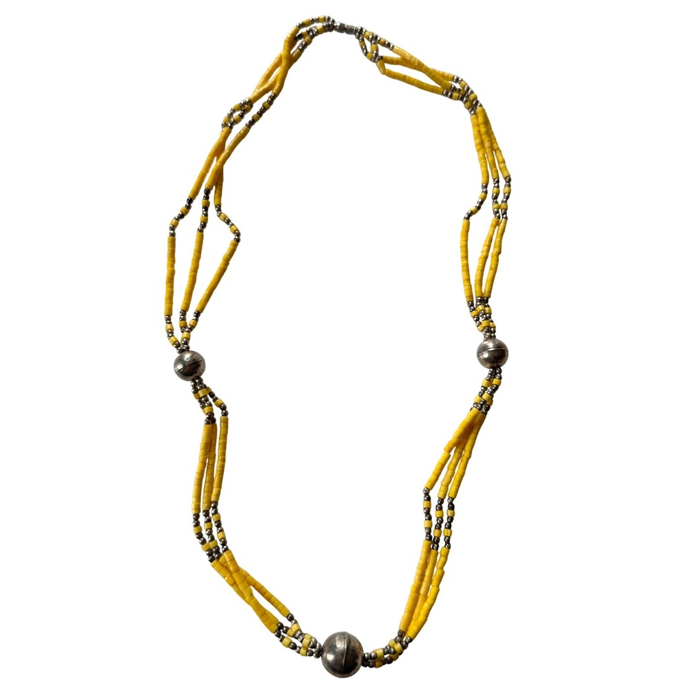 Vintage 1970s Yellow & Silver Beaded Statement Necklace Long Festival Boho - Picture 7 of 9